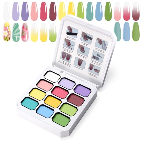U-Shinein Gradient Painting Gel, 12 Bright Colors Ombre Gel Nail Polish for Pigment Pat Aura Nails, French Manicure DIY Nail Art,Long-lasting, No-wipe Soak of UV Palette Solar Flare