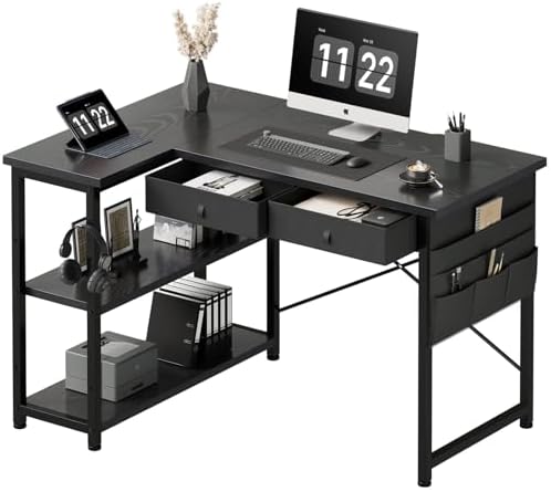 Ｍａｉｈａｉｌ Maihail Home Office Desk with Drawers Shelves, 39 inch Computer Corner Desk for Small Space, Small L Shaped Desk with Side Storage for Bedroom, Black