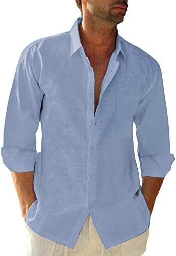 JEKAOYI Button Down Linen Shirts for Men Casual Long Sleeve Regular Fit Cotton Beach Shirts with Pocket