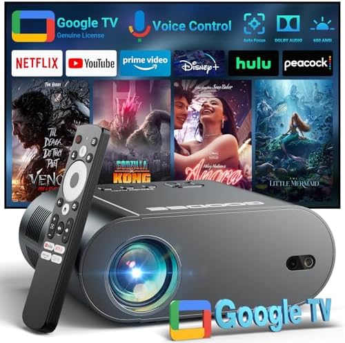 [Google TV\/Voice Control]GooDee 4K UHD Smart Projector with WiFi and Bluetooth, Portable Movie Projector with Netflix \/ Prime Video \/ YouTube Built-in, Dolby Sound Home Theater for Indoor\/Outdoor