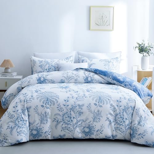 BOLINLIVING Flower Down Duvet Cover Medium Double Bed 3-Piece Set, Flower Down Duvet Cover with 2 Pillowcases, Soft Flower Bedding Set in White and Blue Suitable for All Seasons, Breathable, Zippered 