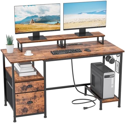 Furologee 47&#34; Computer Desk with File Cabinet and Power Outlets, Home Office Desk with 2 Monitor Stands and Storage Drawer, Writing Gaming Table with Shelves and 2 Hooks for Bedroom, Rustic Brown