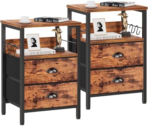Furologee Nightstands Set 2, Bedside Table with 2 Fabric Drawers, End Table with Hooks and Shelf, Side Table for Bedroom\/Living Room\/Study\/Hallway\/Brown