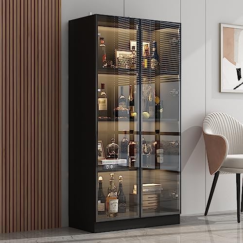 Homsee Bookcase Bookshelf with 4-Tier Shelves, 2 Glass Doors and LED Lights, Wooden Display Storage Cabinet for Home Office, Living Room, Black (31.5\u201DW x 15.7\u201DD x 63\u201DH)