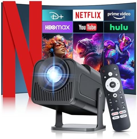 [ 2025 Netflix Licensed ] 4K Projector with Wifi Bluetooth, Android 13 Smart Projector w Built-in Netflix\/YouTube\/PrimeVideo\/D+, Auto Keystone, 1080P Native Mini Portable Projector for Outdoor Movi
