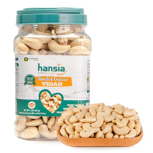 Hansia Roasted Cashew VEGAN, Dry Roasted Unsalted Superfood, Fresh, Healthy, Low Sodium Snacks, Rich of Protein &amp; Natural Fiber, Protein, Vitamin and Iron (Roasted Cashew, 1 Pound (Pack of 1))