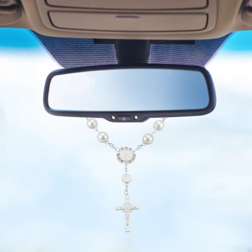 SINGARO Rearview Mirror Hanging Decor - Pearl &amp; Cross Car Charm, Religious Rosary Pendant with Glittering Beads, Faith-Inspired Auto Accessories for Women &amp; Men, Car Interior Accessories