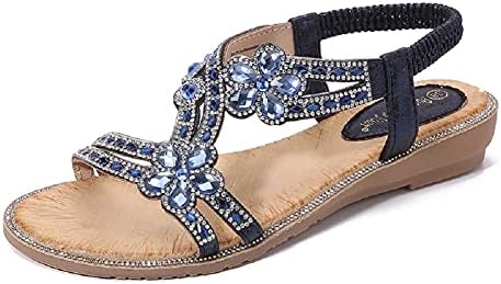 Yicornchen Women&#39;s T-Strap Beaded Flower Rhinestone Flat Sandals Dress Beach Shoes