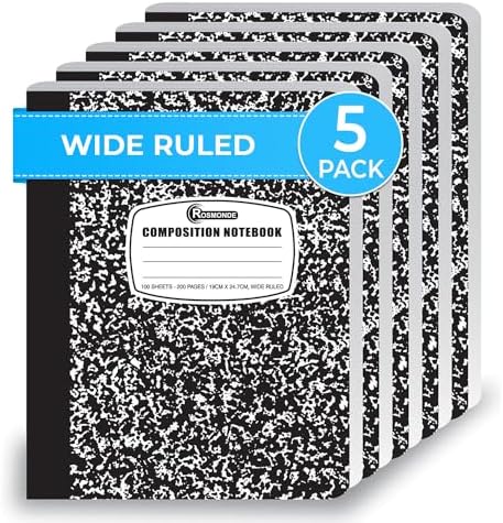 Rosmonde Composition Notebook Wide Ruled 5 Pack, 200 Pages (100 Sheets), 9-3\/4 x 7-1\/2, Back to School Supplies, Notebooks for School, Office Supplies, Notebooks for Work, Wide Ruled Notebook