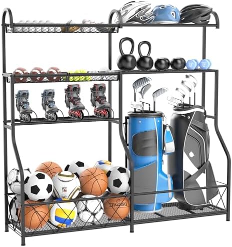 GUOHNHE Sports Equipment Organizer, Large Golf Bag Rack with Basket, Rolling Ball Storage Cart with Wheels, Suitable for Gyms and Playgrounds