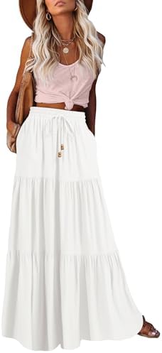 HAEOF Women&#39;s Summer Boho Maxi Skirt A-Line Flowy Ruffle Tiered Elastic High Waist Beach Long Skirts with Pockets