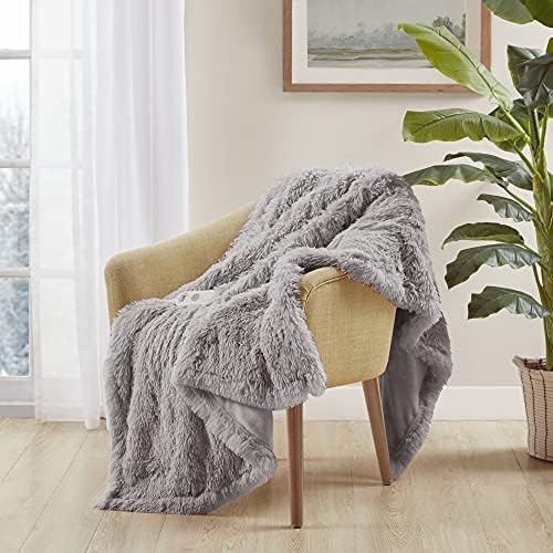 Serta Mila Shaggy Heated Throw Blanket - Soft Faux Fur Heated Blanket, Fast Heating, Auto Shut Off Timer, Low EMF, 5 Heat Setting, ETL Certified, Machine Washable Electric Blanket, Ash Grey 50&#34;x60