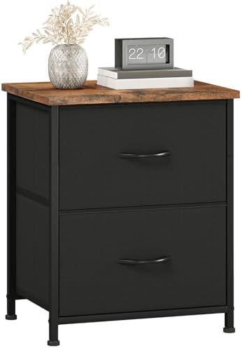 Somdot Black Nightstand, Small Dresser for Bedroom with 2 Drawers, Bedside Table Night Stand End Table with Fabric Bins for Bedroom Kids Closet Dorm Guest Room, Black Rustic Brown