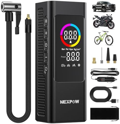 NEXPOW 150 PSI Tire Inflator Portable Air Compressor, 12000mAh Battery Auto Shut-Off Air Pump for Car Tires, Fast Inflation Dual LCD Display Tire Pump, Pocket Air Pump for Bike, Motorcycle, Ball, Car