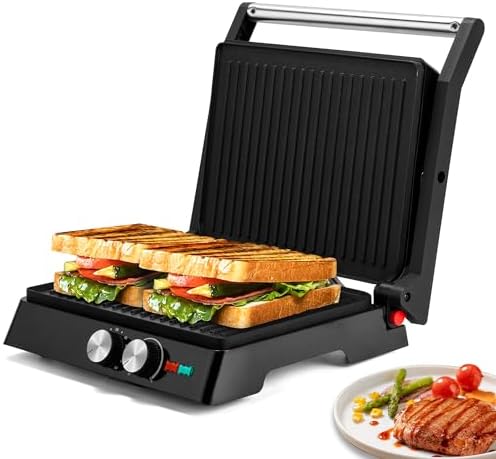 SUSTEAS Panini Press Sandwich Maker and Electric Indoor Grill with Temperature Time Setting, Easy Clean Nonstick Grids, Opens 180°\/105° to Fit Any Type or Size of Food, 1400W, BBQ, Black