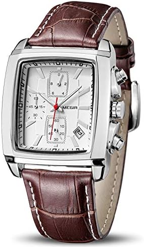 MEGIR Men&#39;s Business Analog Chronograph Luminous Rectangle Quartz Watch with Stylish Leather Strap for Sport &amp; Work