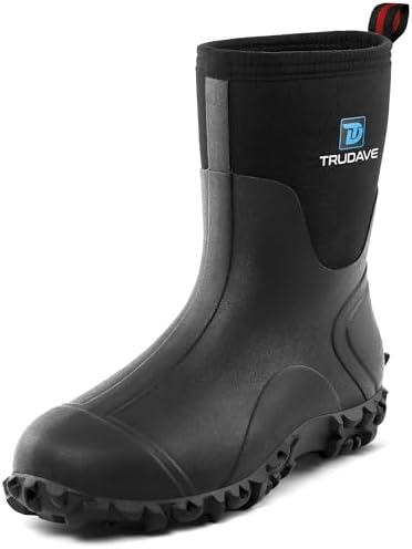 Trudave Rubber Boots for Men, 6mm Neoprene Insulated Mud Boots with Steel Shank, Men&#39;s Mid Calf Waterproof Rain Boots,Anti-Slip Rubber Work Boots for Farming Gardening Fishing,Size 7-13