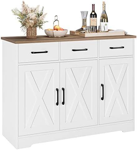 HOSTACK Modern Farmhouse Sideboard Buffet Cabinet, Barn Doors Buffet Storage Cabinet with Drawers and Shelves, Wood Coffee Bar with Storage for Kitchen, Dining Room, Living Room, White