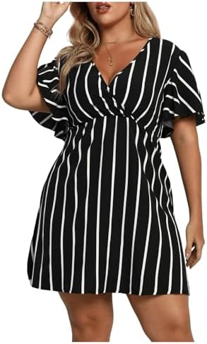 Floerns Women&#39;s Plus Size Striped Print Wrap V Neck Short Sleeve A Line Dress