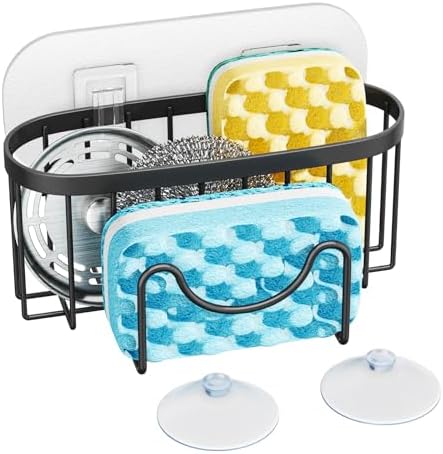 HapiRm 多功能海绵架,独特的 M 形,2 种安装方法厨房水槽收纳盒,防锈不锈钢海绵架,适用于刷子、水槽塞和刮刀-黑色