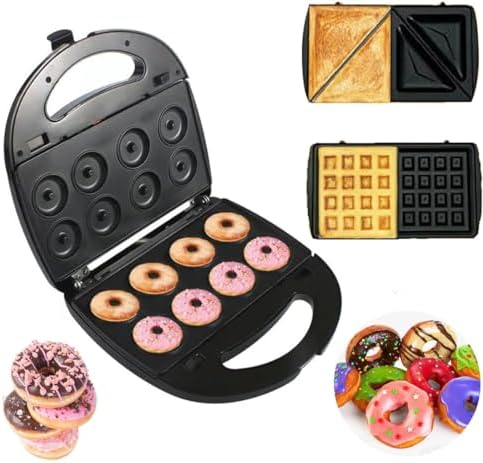 KOLENSA Donut Maker, 3 in 1 Electric Sandwich Waffle Machine, Panini Dessert Toaster with 3 Removable Non Stick Baking Plates，750W interchangeable Iron Set, For Breakfast and Afternoon Tea Use