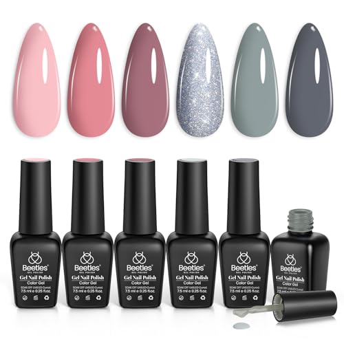 Beetles Gel Nail Polish Set 6 Colors Pink Nude Gray Glitter Gel Polish Wedding Nail Polish Bridesmaid Nail Art Design Soak Off Uv LED Lamp Needed Manicure Set Gifts for Women Bridesmaid Beauty