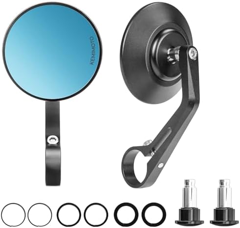KEMIMOTO Motorcycle Bar End Mirrors, CNC Aluminum 7\/8&#34; Handlebar Rearview Mirrors with Blue Anti-Glare Lens, Universal Fit for Motorcycles, E-bikes, Scooters, ATVs - Round Design for Clear &amp; 