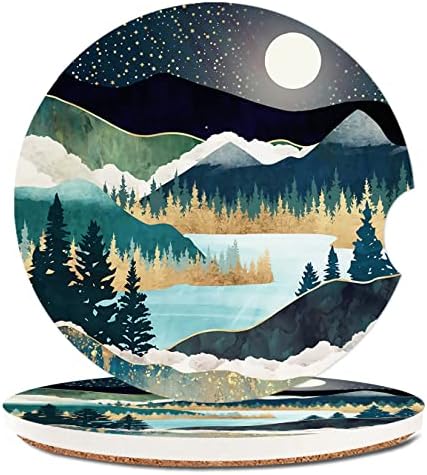2 Pack Absorbent Car Coasters for Cup Holders,Ceramic Coasters with Cork Back and Finger Slot,Cool Cupholder Accessories to Keep Your Car Cup Holders Clean and Dry 2.56&#34;(Mountains Nature Scenery)