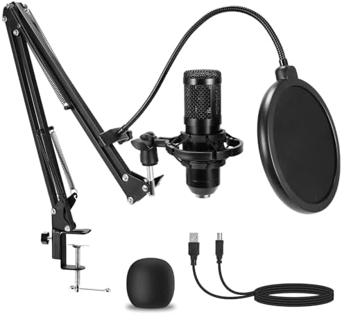 AMOOX Condenser Microphone,Professional USB Microphone Plug &amp; Play PC Computer Microphone Condenser Cardioid Mic Kit with Adjustable Boom Arm Stand Shock Mount,for Podcast,Streaming,YouTube，Tiktok