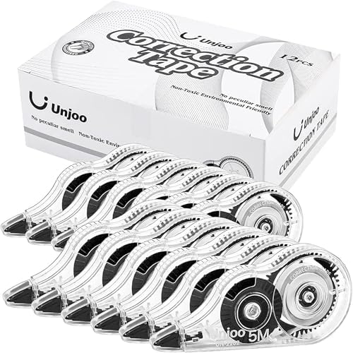 Unjoo White Correction Tape, Easy To Use Applicator for Instant Corrections Wrong Writing At Any Time, For school, Office (12pack, 5M\/196&#34; x 0.2&#34;, Black)
