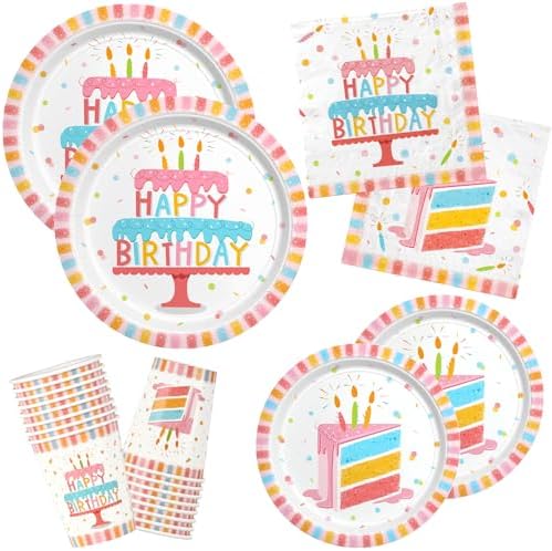 Happy Birthday Party Supplies Set for 16 -Kit with Cake Design - Includes Happy Birthday Plates and Napkins, Disposable Paper Cups, Serves 16
