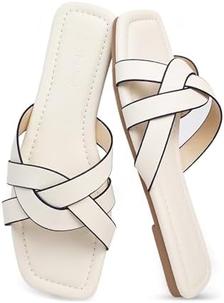 TtandZed 2025 Women&#39;s Flat Sandals - Braided Square Toe Fashion Slide Sandals, Comfortable Leather Slip On Slippers for Summer Size 6-11