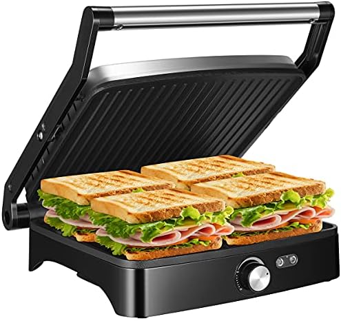 OSTBA Panini Press Grill Indoor Sandwich Maker with Temperature Setting, 4 Slice Large Non-stick Versatile Grill, Opens 180 Degrees to Fit Any Type or Size of Food, Removable Drip Tray, 1200 W