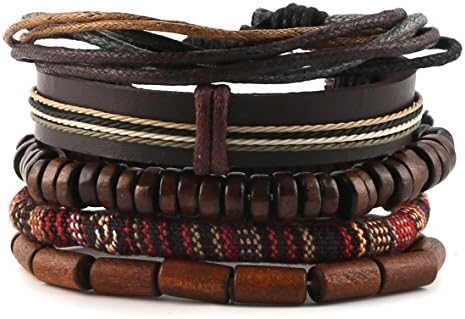 HZMAN wrapped bracelet for men and women, hemp rope wooden bead ethnic tribe bracelet, leather wristband