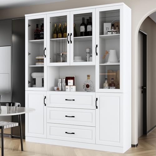 MOUMON Kitchen Hutch Storage Cabinet with Glass Doors, Kitchen Pantry Cabinet with Shelves &amp; 3 Drawers, White (63\u201DW x 15.7\u201DD x 78.7\u201DH), Large