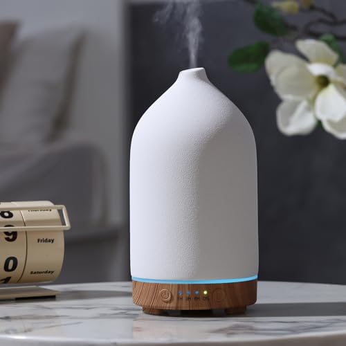Gooamp 200ML Ceramic Essential Oil Diffuser - Ultrasonic Aromatherapy &amp; Humidifier with 7-Color LED Lights, Auto Shut-Off, Wood Grain Base, 1H\/3H\/6H Timer  Scent for Home, Office, Yoga