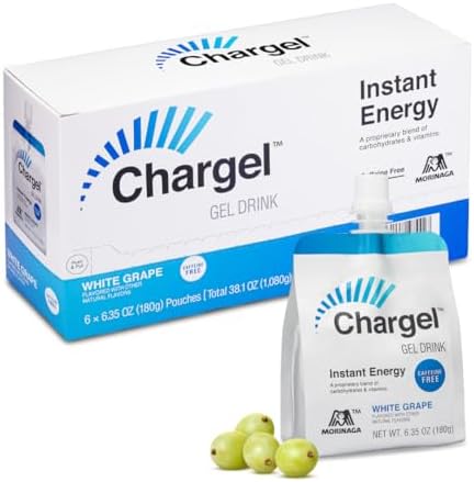 Chargel White Grape, Caffeine-Free Instant Energy Gel Running, Biking, Workout, Hiking Essentials for Women &amp; Men, Gifts for Runners - Carbs Vitamins, Gluten Free - Pack of 6 Gels - 6.35oz Each