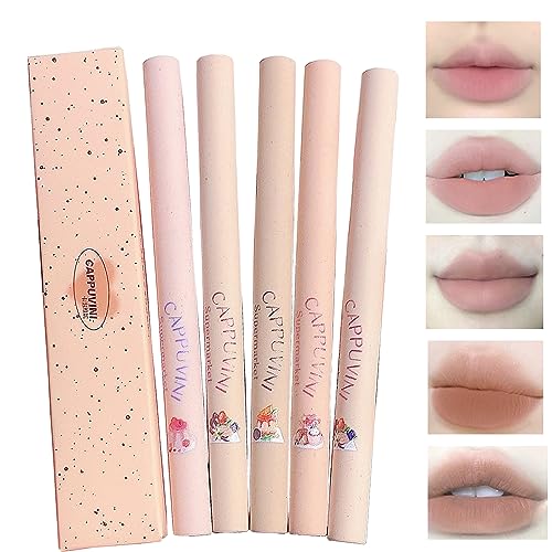 Domality 5 Colors Lip Liner Pen Set, 5pcs Nude Pink Lipstick Set, Longwear Waterproof Creamy Matte Finish Lip Pencil for Defines Perfect Lip Shape