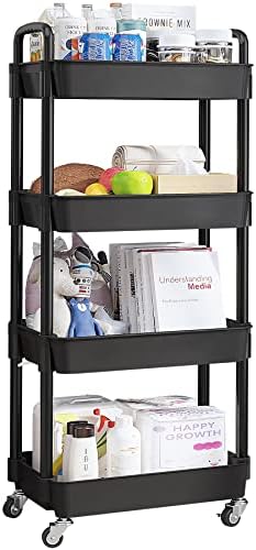 UDEAR 4-Tier Rolling Utility Cart with 12 Category Labels,Multifunctional Storage Shelves with Handle and Lockable Wheels for Room,Office,Kitchen,Bathroom,Black