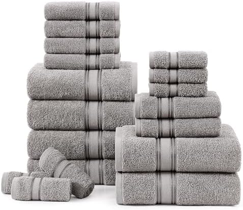 LANE LINEN 100% Cotton 18 Piece Bath Towel Set - Zero Twist, Quick Dry, Super Soft &amp; Highly Absorbent - 6 Bath, 6 Washcloths, 6 Hand Towels for Bathroom - Hotel Quality Bathroom Towel Set - Grey