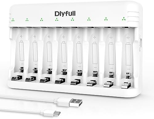 Dlyfull 8 Bay AA AAA Battery Charger with USB-C High-Speed Charging, Independent Slot for 1.2V Ni-MH Ni-CD Rechargeable Batteries, Cable Included