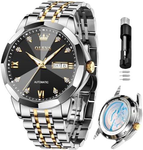 OLEVS Automatic Watches for Men Business Dress Watch Mechanical Stainless Steel Waterproof Self Winding Classic Date Luxury Diamond Men Wrist Watch