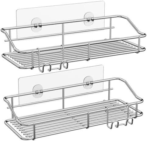 Nieifi Shower Caddy Shelf Storage Rack Adhesive Without Drilling Stainless Steel with Hooks for Washroom, Lavatory, Restroom, Toilet, Bathroom, Kitchen - 2 Pack