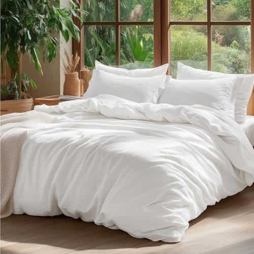 Bedsure 100% Washed Cotton Duvet Cover Queen Size - Natural White Minimalist Duvet Cover for All Seasons - GentleSoft™ Plain Simple Cotton Bedding, 3 Pieces (Natural White, Queen, 90&#34;x90&#34;)
