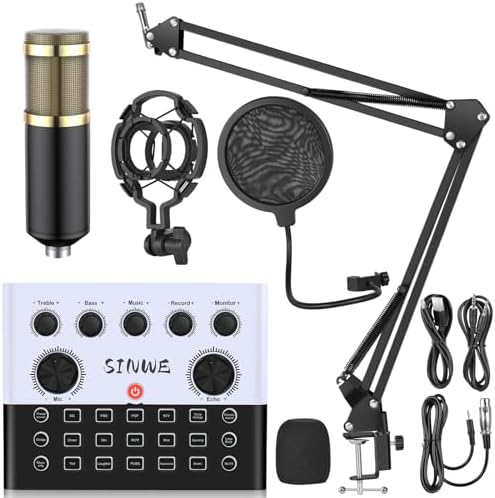 F993 All-in-One Podcast Equipment Bundle，BM-800 Recording Studio Package with Voice Changer, Live Sound Card - Audio Interface for Vlog\/Live Streaming\/Singing\/YouTube\/Gaming(White)