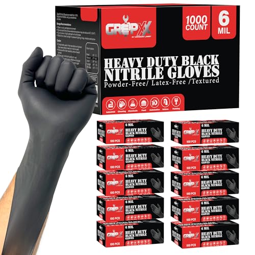 London Labs Heavy Duty 6 Mil Black Nitrile Gloves - Disposable, Latex &amp; Powder Free  Mechanic, Food Prep &amp; Tattoo  Rubber Gloves for Cooking, Cleaning &amp; Household Bulk Case of (1000)