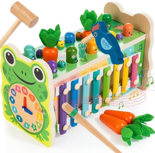 Amtreen 6-IN-1 Wooden Montessori Toys for 1 Year Old, Mole-Tapping Game  Play the Xylophone  Frog Clock  Carrot Harvest Game  Spinning Gear, Toddler Toys Aged 1-4, Baby Toy Gift for Early Learning