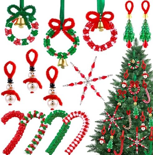 Vellibring 36 Set Christmas Beaded Crafts Ornament Beading Kit Mini Christmas Tree Classic Plastic Hanging Decor DIY Accessories for Xmas Tree Decorations Holiday Prensent Party Supplies