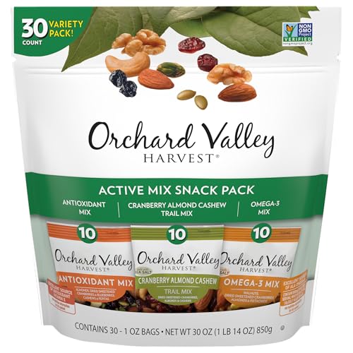 Orchard Valley Harvest Active Snack Pack Mix, 1oz Bags (Variety Pack of 30), Antioxidant Mix, Cranberry Almond Cashew, Omega-3 Trail Mix, Healthy Snacks for Adults and Kids, Gluten Free