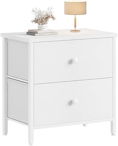 BOLUO White Nightstand 2 Drawer for Bedroom,Small Night Stand with Fabric Drawers End Table Modern